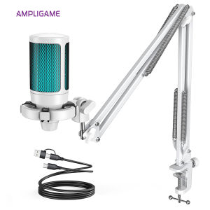 Micro Thu Âm Chơi Game AmpliGame Đèn RGB USB Kèm Cần Gạt Kim Loại Chức Năng Tắt Tiếng Một Chạm Dành Cho PC Laptop PS4/5 - Bộ Micro Có Dây Cho Phòng Thu Tại Nhà