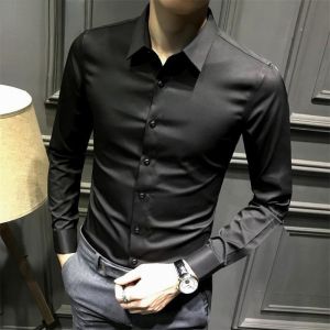 Summer Men s Long sleeved Shirt 2022 Summer Ice Silk Korean Version Slim Business Suit Suit Iron-free Black and White Lapel Shirt Men s