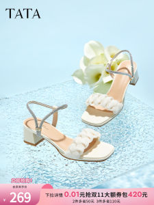 Tata Sweet Single Strap Sandals Womens Commuter High Heels Summer New DWFK1BL4 Breathable Open-Toe mid Heel PU Lined TPU Outsole