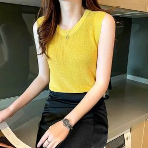 เสื้อกล้าม คอกลม แขนกุด ผ้าถัก ผ้าไหม แบบเข้ารูป แฟชั่นฤดูร้อน สําหรับผู้หญิง