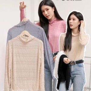 เสื้อเชิ้ตแขนพองคอสูงลูกไม้ผู้หญิง เสื้อชั้นในโปร่งแสง แขนพอง ครึ่งคอ ลายปุ่ม ผ้าไหมน้ำแข็ง ทรงหลวม ฤดูใบไม้ร่วง 2022