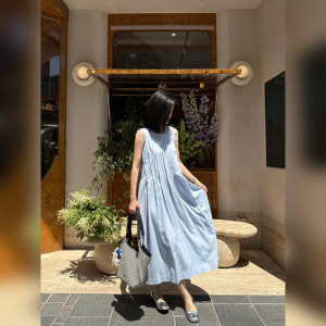 YUFUQING | Blue Summer New Style Womens Sleeveless Dress Beach Vacation Fashion High Waist A-Line Long Dress Versatile Casual Polyester Fiber