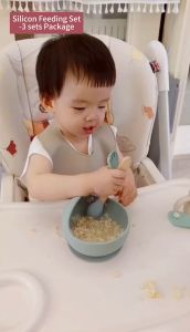 BABYKING Baby 3 Pcs Silicon Feeding Set Silicon Bib Bowl and Spoon 100% Safe for Baby Non-Toxic Silicon