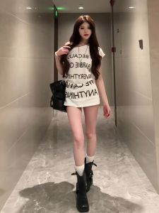 Laid-back American Style Shoulder-baring Letter Print T-shirt Mid-length Summer New Style Spicy Girl Diagonal Collar Top Womens Fashion