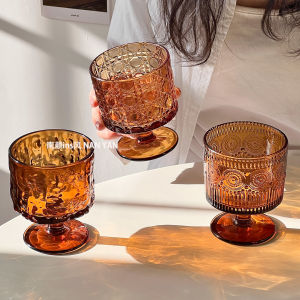 Unique Design Amber Vintage Glass Cup Ins Treebark Pattern High Footed Wine Glass High Aesthetic Value Gift Juice Cup