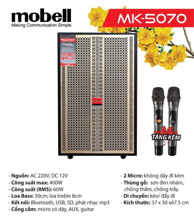 Loa karaoke di động chính hãng Mobell MK-5070 ( Loa 2 đường tiếng, 1 bass 30cm, 1 treble, công suất 400W, 2 Micro UHF karaoke chuyên nghiệp)