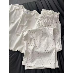 กางเกงขากว้างลายจุดผ้าลูกไม้สไตล์เกาหลีสำหรับผู้หญิง กางเกงขายาวทรงตรงหลวมๆ ทรงสลิมฟิต กางเกงขายาวทรงตรงลำลอง