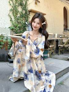 Elegant Romantic French Print Long Dress Womens Charming Gentle Style A-Line Midi Dress Slimming Spring Autumn New Arrival