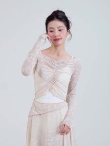 Teen Girls Long Sleeves Front Pleated Lace Blouses for Women Tulle Floral See-through Dance Tops Adult Casual Pullover Shirt