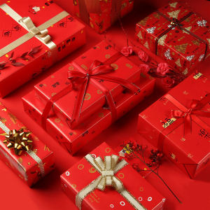New Year Red Wrapping Paper Festive Chinese Style Gift Box Packaging Handmade Finish Gift Annual Meeting DIY Wallpaper