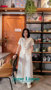 (Sẵn) Bộ áo cổ tim mix quần ống rộng Linen tưng washed 200gsm. JUNE LINEN VS18