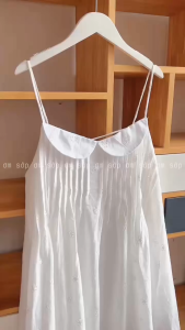 Boi thêu Full lót Đầm 2 dây babydoll xếp ly cổ sen lưng cột dây viền sóng màu trắng dễ thương nữ tính gợi cảm JASMINE DRESS