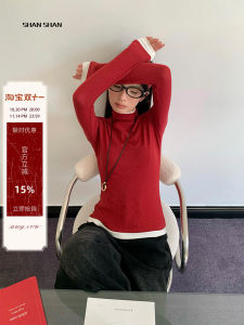 เสื้อยืดคอกลมแขนยาวผู้หญิงฤดูใบไม้ผลิสีแดงสะท้อนแสงสุดหรู เสื้อชั้นในทรงสลิมฟิตผ้าขนสัตว์ เสื้อชั้นในแบบสวมสบาย