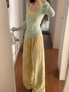 Quần Ống Rộng Kẻ Sọc Dopaamine Màu Vàng Mỏng Rộng Rãi Cho Nữ Mùa Hè 2025 Phong Cách Hàn Quốc Quần Dài Thường Ngày