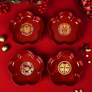 Red Wedding Celebration Dessert Tray Elegant Simple Plastic Fruit Plate for Engagement And Wedding Banquet Candy Tray