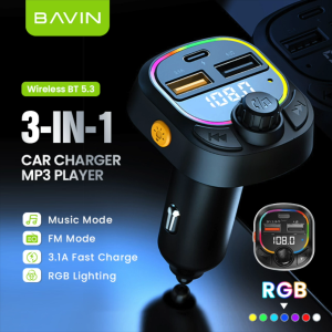 BAVIN PC2013 3IN1 MP3 Player Fast Charging 3.1A Car Charger Bluetooth w/ RGB Color Lighting / U-Disk MP3 / FM Radio