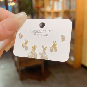 925 Silver Needle Pearl Combination Set Fashionable Earrings Womens Exclusive Design Sensation Popular Hoop Earrings Versatile Ear Jewelry