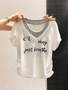 LUOSHAO | Design Sense Letter Print Cotton T-Shirt V-Neck Pseudo Two-Piece
