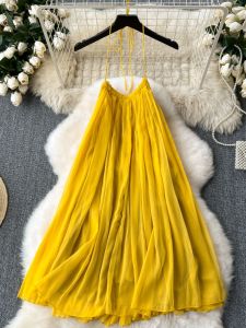 French Minority Dress Womens Summer Outing Wear Seaside Vacation Style Sleeveless Halter Open Back Chiffon Fairy Dress