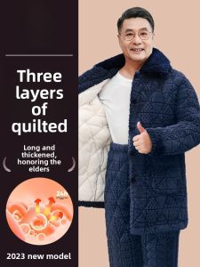 MiiOW | Thickened Flannel Sleepwear Long Sleeve Home Clothes For Middle-Aged Men Three-Layer Cotton Insert Home Clothes Dad Clothes