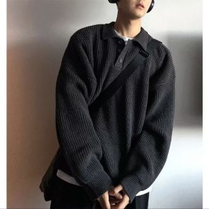 Black Polo Collar Knitted Sweater Mens Spring Autumn Loose Fit Vintage Turn-down Collar Lazy High-end Feel Outerwear