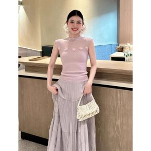 White Floral Design Summer Knitted Vest Womens Sleeveless Top Fresh Style Outerwear Trendy Girls Shirt Commute Fashion