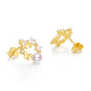ZHOU LIU FU 周六福 ต่างหูเงิน S925 Sterling Silver Earrings Natural Freshwater Fashion Butterfly Bow Pearls Earring for Women Girl X0914477