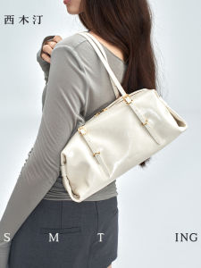 Ximuding past 2025 New Womens White Bag Urban Minimalist Style Commuter Underarm Bag Double Strap Large Size Cow Split Leather