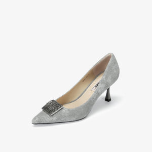 Paris Dinner Retro Pointed Toe รองเท้าส้นสูงสีเทา ผู้หญิง รองเท้าเดินทางรองเท้าเดี่ยว ทันสมัย ลำลอง หนัง รองเท้า