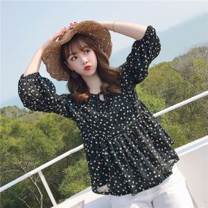Floral Chiffon Shirt 2023 Spring/Summer K-style Cute Wild Loose Tops Doll Shirt Puffy Print Shirt for Women
