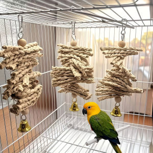 Natural Corn Husk Braided Parrot Chew Toy With Bell Durable Teething Bell String For Pet Birds Entertainment And Anxiety Relief