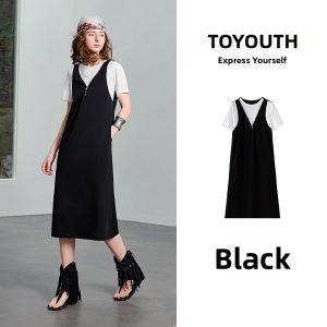 Toyouth | New Color Blocked Faux Two-Piece Slimming V-Neck Zip Mid-Length Dress