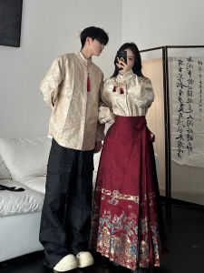 Áo Sơ Mi Dài Tay Họa Tiết Hoa Màu Đỏ Cho Cặp Đôi Phong Cách Trung Hoa Mới Áo Sơ Mi Nam Mùa Thu Thường Ngày Chống Mài Mòn