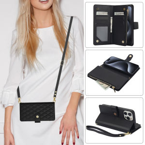 Card Case For iPhone15 Pro Max 16 17 pro max With Diagonal Strap lanyard Mobile Phone Shell Coin Purse Case Flip Leather Cover With Card Holder Cards Slot Case Casing For iPhone 14 Pro Max 15 16 Plus 13 11 12 promax X XR XS 16E 17 Air With Rope