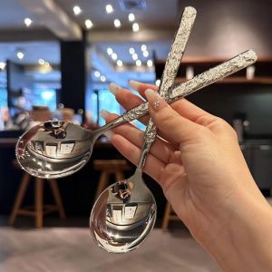 2PCS Stainless Steel Ice Crack Spoon Silver Mirror Polished Tableware Soup and Rice Spoon Thickened Long Handle Stirring Dessert Spoon Essential Tool for Home Kitchen