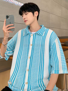 American Retro Contrast Color Short-Sleeved Shirt Mens Summer Thin Fashion Brand Niche Style Couple Loose Casual Sweater Outwear