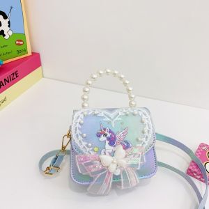 Girls Pearl Butterfly Knot Unicorn Crossbody Bag Princess Mermaid Childrens Handbag Cartoon Design Kids Satchel Shoulder Bag