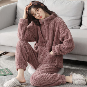 Thickened Coral Fleece Womens Sleepwear Autumn Winter Home Clothes Soft Plush Long Sleeve Zipper Closure Heart Patterned Pajamas