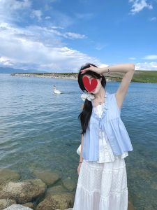 ฤดูร้อน เด็กทารก เสื้อตุ๊กตาสีฟ้าพาสเทล แขนกุด ผู้หญิง ดีไซน์ Sense Fake Two-piece หวาน สไตล์ Bowtie ขอบไม้ รัฟเฟิล เสื้อเบลาส์