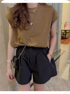 เสื้อยืดแขนสั้นผู้หญิงสไตล์เกาหลีบางเฉียบ สไตล์เรียบง่าย ดีไซน์หรูหรา แขนกุด ทรงปกติ ฤดูร้อน 2024 เสื้อยืดคอตตอนผสมโพลีเอสเตอร์