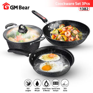 GM Bear Wajan Panci Set 3 pcs Marble Coating 1382 - Blaze Wajan Set