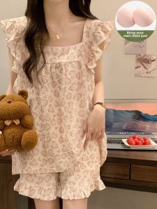 Womens One-Piece Bubble Cotton Nightgown with Chest Pad Summer Sweet Home Clothes Outdoor Wearable Short Sleeve Dress