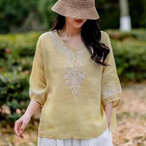 Lieoyuarn | Vintage V-neck Embroidered Linen Cotton Top
