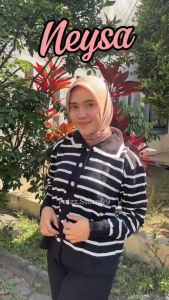 Oneset Neysa Polo Cardy Rajut Motif Stripe Setelan Celana Kulot Rajut Wanita Lengan Panjang Premium Kekinian