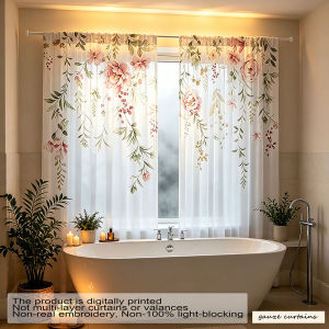 2PCS Off-white Watercolor Pink Rose Floral Sheer Curtains Soft Light Filter Voile Curtain for Bedroom Living Room No Drawstr