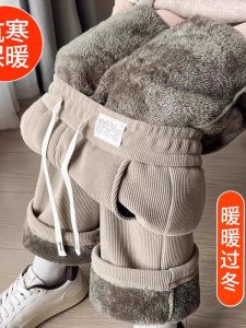 Lamb Velvet Thick Wide Leg Pants Women Winter Warm Cotton Pants Corduroy Straight Leg Trousers High Waist Long Pants Commute Style