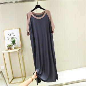 ชุดเดรสยาวแขนสั้นทรงหลวมสไตล์เกาหลีสำหรับฤดูร้อน ผ้าโมดอล ทรงเอ คอตั้ง กระโปรงยาวปานกลาง ชุดนอน แฟชั่นผู้หญิง