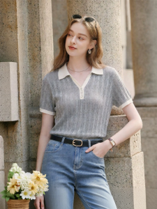 XIANGYING | Gray Hollow Stripe Polo Knitted Shirt Short Sleeve