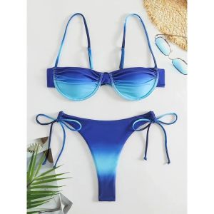 Gradient Pure Color Three-Point Swimsuit Knot Design Short Sleeve V-Neck Two-Piece Set for Young Women Ages 18-25 from China