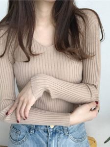 Autumn Winter Slim Fit Long Sleeve V Neck Knitted T Shirt Womens Fashionable Base Layer Shirt Thermal Top Trendy Sweater